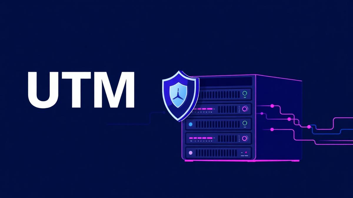 Ilustração de appliance de firewall UTM com escudo de proteção