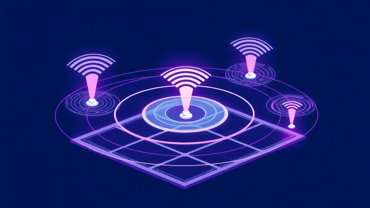 Ilustração de access points distribuindo sinal Wi-Fi em uma planta baixa